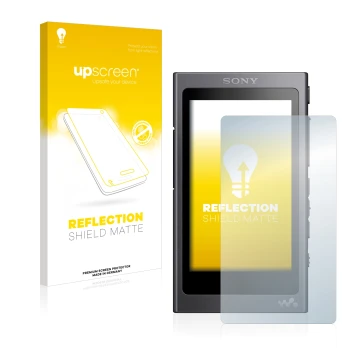 Face avant d’un emballage produit avec le logo de la marque upscreen. À côté, l’appareil Sony Walkman A40 est représenté avec 