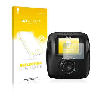 Face avant d’un emballage produit avec le logo de la marque upscreen. À côté, l’appareil Fujifilm Instax Square SQ20 est repré