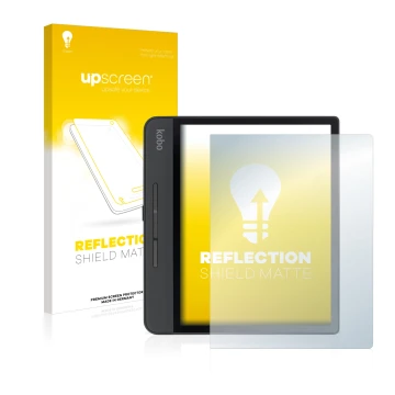 Face avant d’un emballage produit avec le logo de la marque upscreen. À côté, l’appareil Kobo Forma est représenté avec la pro