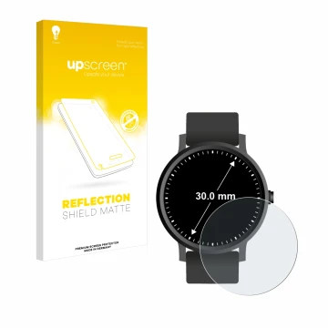 Face avant d’un emballage produit avec le logo de la marque upscreen. À côté, l’appareil Circulaire Displays (ø: 30 mm) est re