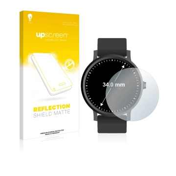 Face avant d’un emballage produit avec le logo de la marque upscreen. À côté, l’appareil Circulaire Displays (ø: 34 mm) est re