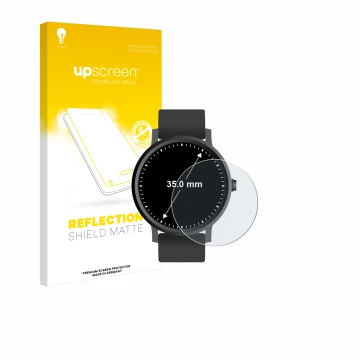 Face avant d’un emballage produit avec le logo de la marque upscreen. À côté, l’appareil Circulaire Displays (ø: 35 mm) est re