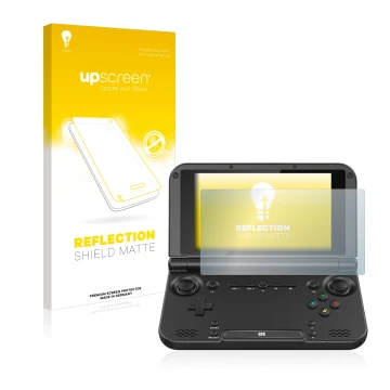 Face avant d’un emballage produit avec le logo de la marque upscreen. À côté, l’appareil GPD XD Plus 7.0 est représenté avec l
