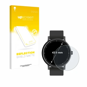 Face avant d’un emballage produit avec le logo de la marque upscreen. À côté, l’appareil Circulaire Displays (ø: 43 mm) est re