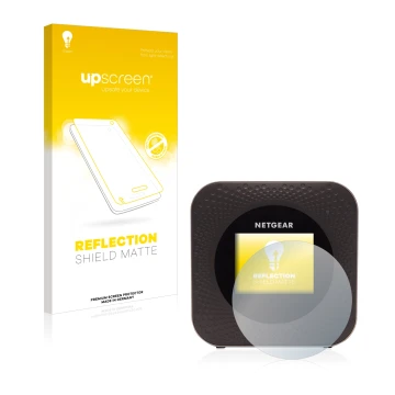 Face avant d’un emballage produit avec le logo de la marque upscreen. À côté, l’appareil Netgear Nighthawk M1 est représenté a
