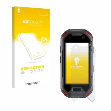 Face avant d’un emballage produit avec le logo de la marque upscreen. À côté, l’appareil Unihertz Atom est représenté avec la 