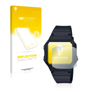 Face avant d’un emballage produit avec le logo de la marque upscreen. À côté, l’appareil Casio Unisex A168WA-1YES est représen