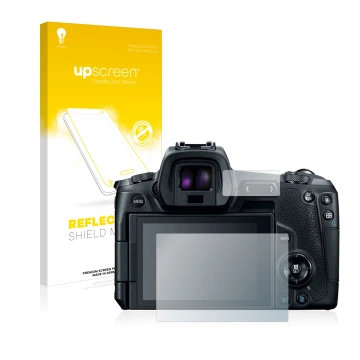 Face avant d’un emballage produit avec le logo de la marque upscreen. À côté, l’appareil Canon EOS R est représenté avec la pr