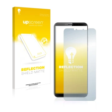 Face avant d’un emballage produit avec le logo de la marque upscreen. À côté, l’appareil Cubot X19 est représenté avec la prot