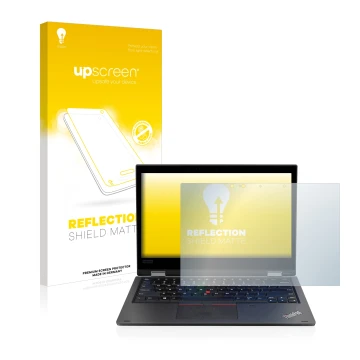 Face avant d’un emballage produit avec le logo de la marque upscreen. À côté, l’appareil Lenovo ThinkPad L390 Yoga est représe