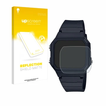 Face avant d’un emballage produit avec le logo de la marque upscreen. À côté, l’appareil Casio Unisex F-91W est représenté ave