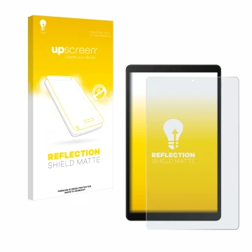 Face avant d’un emballage produit avec le logo de la marque upscreen. À côté, l’appareil Samsung Galaxy Tab A 10.1 WiFi 2019 e