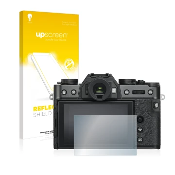 Face avant d’un emballage produit avec le logo de la marque upscreen. À côté, l’appareil Fujifilm X-T30 est représenté avec la
