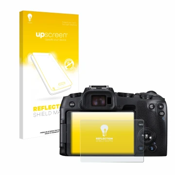Face avant d’un emballage produit avec le logo de la marque upscreen. À côté, l’appareil Canon EOS RP est représenté avec la p