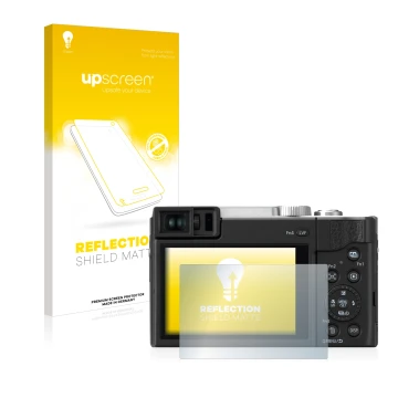 Face avant d’un emballage produit avec le logo de la marque upscreen. À côté, l’appareil Panasonic Lumix DC-TZ96 est représent