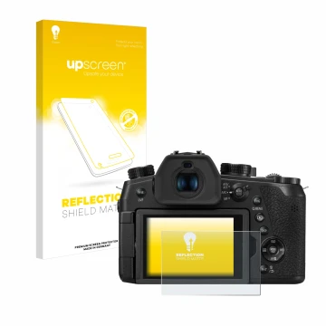 Face avant d’un emballage produit avec le logo de la marque upscreen. À côté, l’appareil Panasonic Lumix DC-FZ1000 II est repr