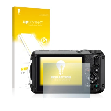Face avant d’un emballage produit avec le logo de la marque upscreen. À côté, l’appareil Ricoh WG-6 est représenté avec la pro