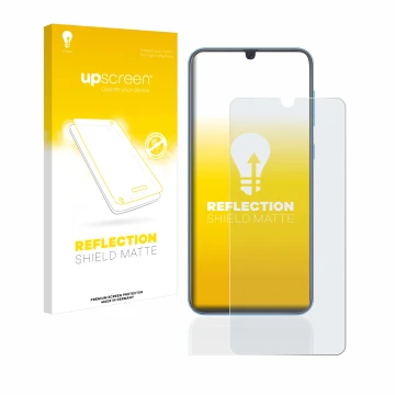 Face avant d’un emballage produit avec le logo de la marque upscreen. À côté, l’appareil Samsung Galaxy A40 est représenté ave