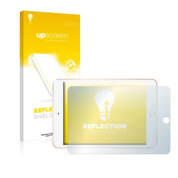 Face avant d’un emballage produit avec le logo de la marque upscreen. À côté, l’appareil Apple iPad Mini 5 2019 (en paysage, 5