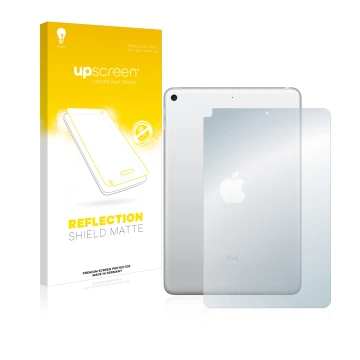 Face avant d’un emballage produit avec le logo de la marque upscreen. À côté, l’appareil Apple iPad Mini 5 2019 (Arrière, 5ème