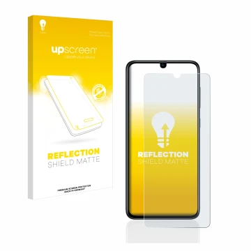 Face avant d’un emballage produit avec le logo de la marque upscreen. À côté, l’appareil Samsung Galaxy A70 est représenté ave