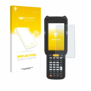 Face avant d’un emballage produit avec le logo de la marque upscreen. À côté, l’appareil Zebra MC330 est représenté avec la pr