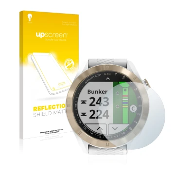 Face avant d’un emballage produit avec le logo de la marque upscreen. À côté, l’appareil Garmin Approach S40 est représenté av