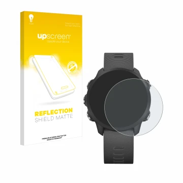 Face avant d’un emballage produit avec le logo de la marque upscreen. À côté, l’appareil Garmin Forerunner 245 Music est repré