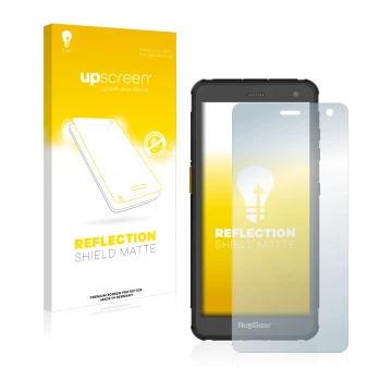 Face avant d’un emballage produit avec le logo de la marque upscreen. À côté, l’appareil RugGear RG655 est représenté avec la 