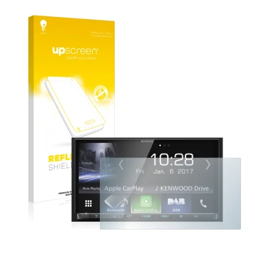 Face avant d’un emballage produit avec le logo de la marque upscreen. À côté, l’appareil Kenwood DMX7017DABS est représenté av
