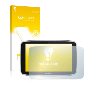 Face avant d’un emballage produit avec le logo de la marque upscreen. À côté, l’appareil TomTom GO Premium X est représenté av