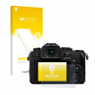 Face avant d’un emballage produit avec le logo de la marque upscreen. À côté, l’appareil Panasonic Lumix DC-G91 est représenté