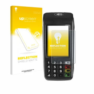 Face avant d’un emballage produit avec le logo de la marque upscreen. À côté, l’appareil ingenico Move/5000 est représenté ave