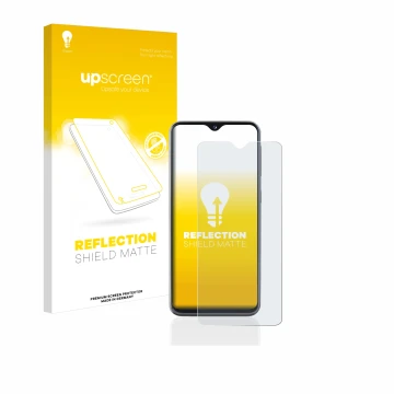 Face avant d’un emballage produit avec le logo de la marque upscreen. À côté, l’appareil Samsung Galaxy A20e est représenté av