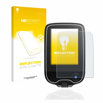 Face avant d’un emballage produit avec le logo de la marque upscreen. À côté, l’appareil Freestyle Libre 2 est représenté avec