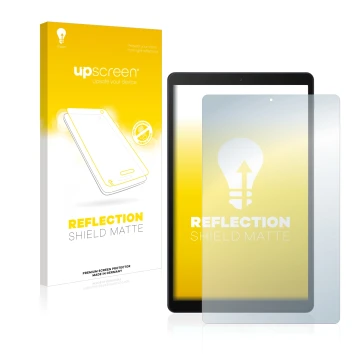 Face avant d’un emballage produit avec le logo de la marque upscreen. À côté, l’appareil Samsung Galaxy Tab A 10.1 2019 est re