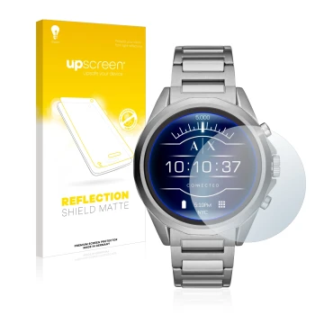 Face avant d’un emballage produit avec le logo de la marque upscreen. À côté, l’appareil Emporio Armani Connected Exchange AXT