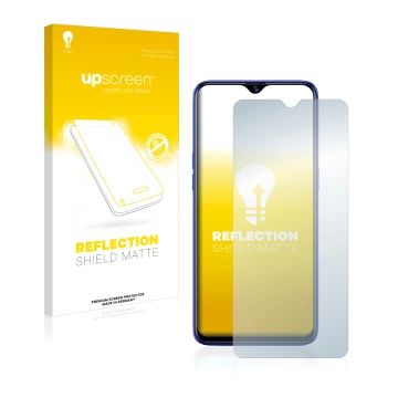 Face avant d’un emballage produit avec le logo de la marque upscreen. À côté, l’appareil realme 3 Pro est représenté avec la p