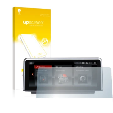 Face avant d’un emballage produit avec le logo de la marque upscreen. À côté, l’appareil NaviFly Android (10.2