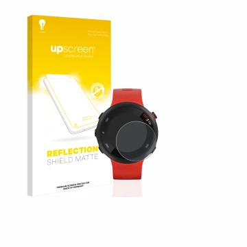 Face avant d’un emballage produit avec le logo de la marque upscreen. À côté, l’appareil Garmin Forerunner 45 est représenté a