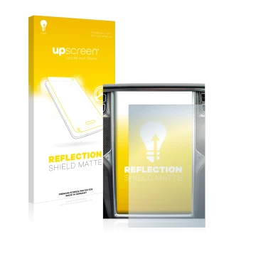 Face avant d’un emballage produit avec le logo de la marque upscreen. À côté, l’appareil Tesla Model X est représenté avec la 