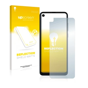 Face avant d’un emballage produit avec le logo de la marque upscreen. À côté, l’appareil Motorola One Vision est représenté av