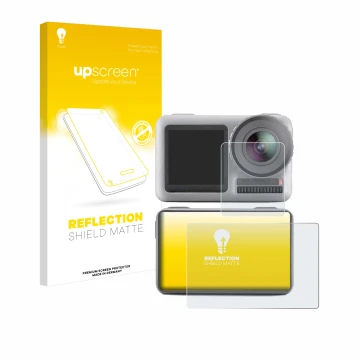 Face avant d’un emballage produit avec le logo de la marque upscreen. À côté, l’appareil DJI Osmo Action est représenté avec l