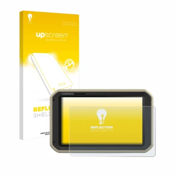 Face avant d’un emballage produit avec le logo de la marque upscreen. À côté, l’appareil Garmin Overlander est représenté avec