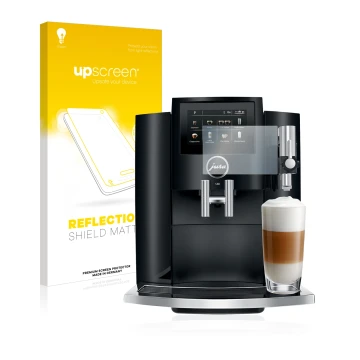 Face avant d’un emballage produit avec le logo de la marque upscreen. À côté, l’appareil Jura S8 est représenté avec la protec