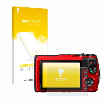 Face avant d’un emballage produit avec le logo de la marque upscreen. À côté, l’appareil Olympus Tough TG-6 est représenté ave