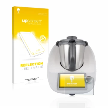 Face avant d’un emballage produit avec le logo de la marque upscreen. À côté, l’appareil Vorwerk Bimby TM6 est représenté avec