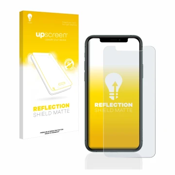 Face avant d’un emballage produit avec le logo de la marque upscreen. À côté, l’appareil Apple iPhone 11 Pro est représenté av