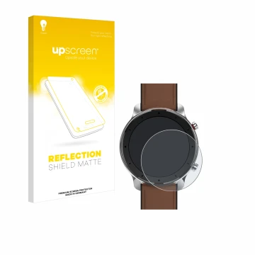 Face avant d’un emballage produit avec le logo de la marque upscreen. À côté, l’appareil Huami Amazfit GTR (47 mm) est représe