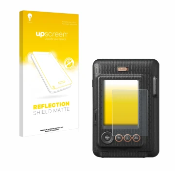 Face avant d’un emballage produit avec le logo de la marque upscreen. À côté, l’appareil Fujifilm Instax Mini LiPlay est repré